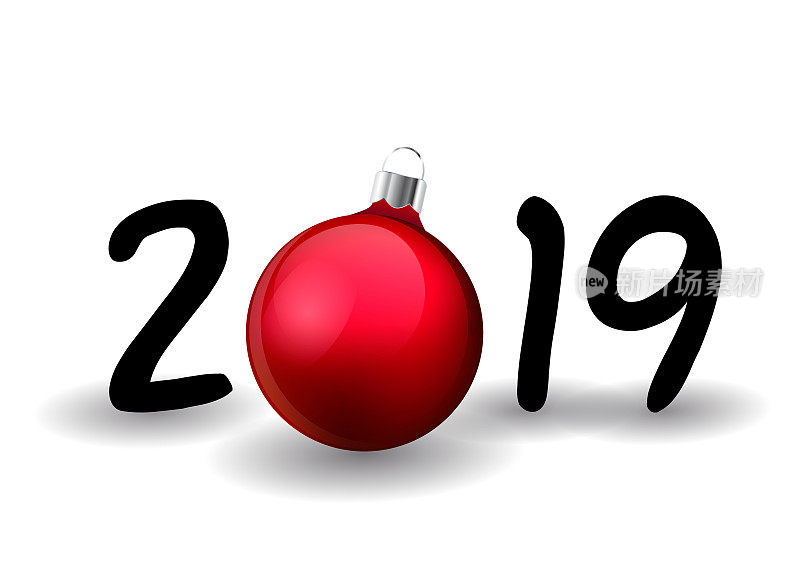 新年快乐设计的庆祝卡，节日问候，日历，旗帜与零制成的圣诞球，现实的红色小玩意和2019年的数字。排版图形eps 10矢量插图